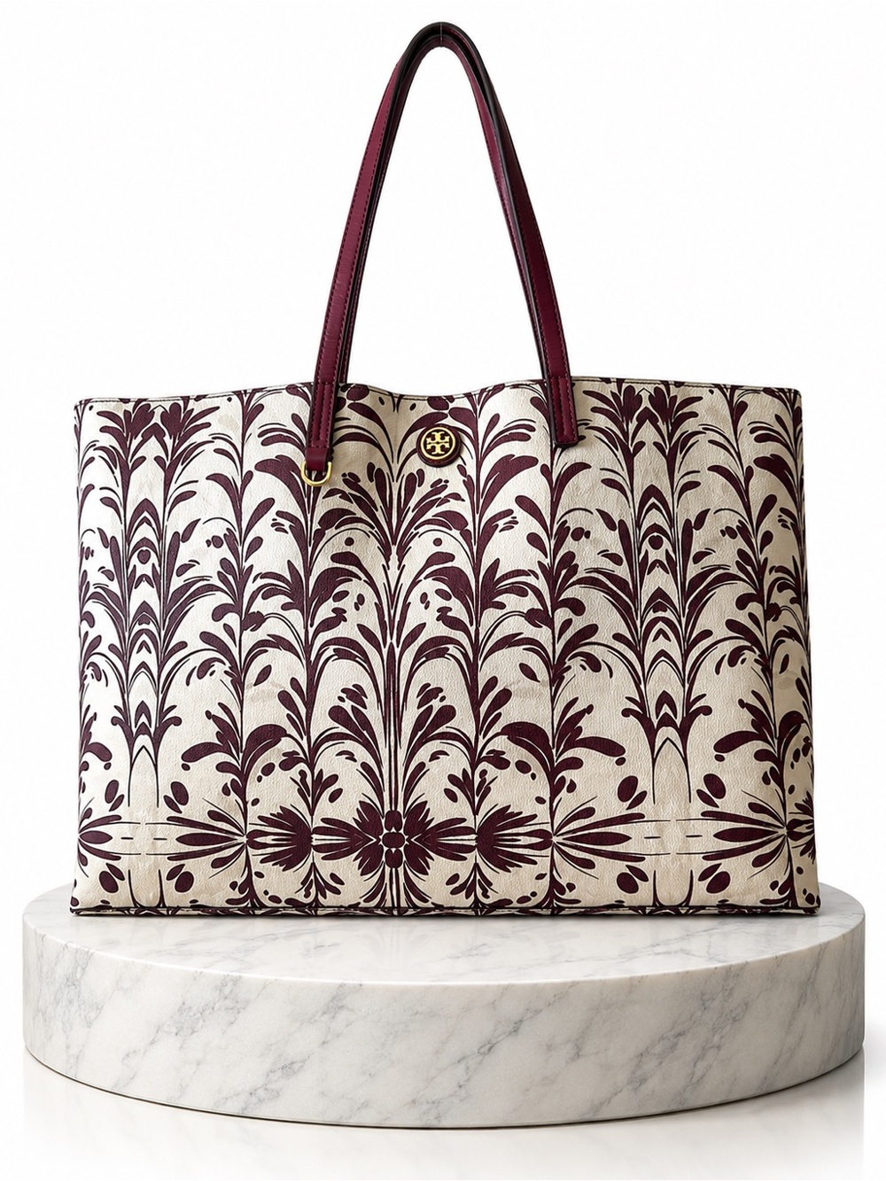 Tory Burch Cream Leather Tote with Burgundy Floral Print and Burgundy Handles